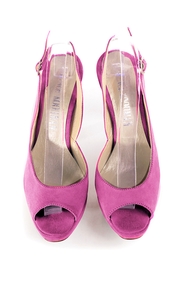 Dress heels peep-toe slingback in shocking pink leather with high slim heels with a platform at the front and round toe - Top view